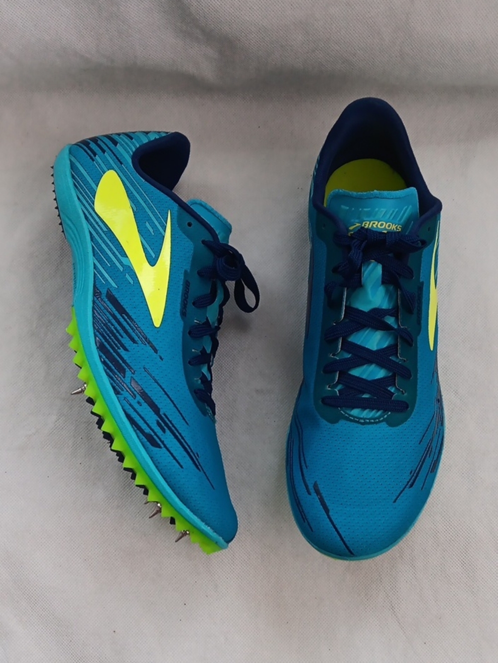 Brooks Mach 18 Mens 8.5M Track Cross Country Spikes Racing Shoe Blue Neon Yellow